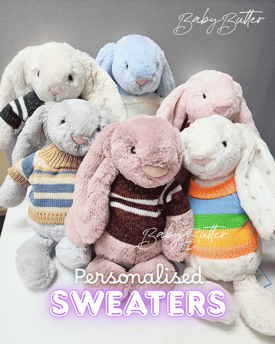Jellycat bunnies in hand knitted sweaters, personalised by Baby Butter