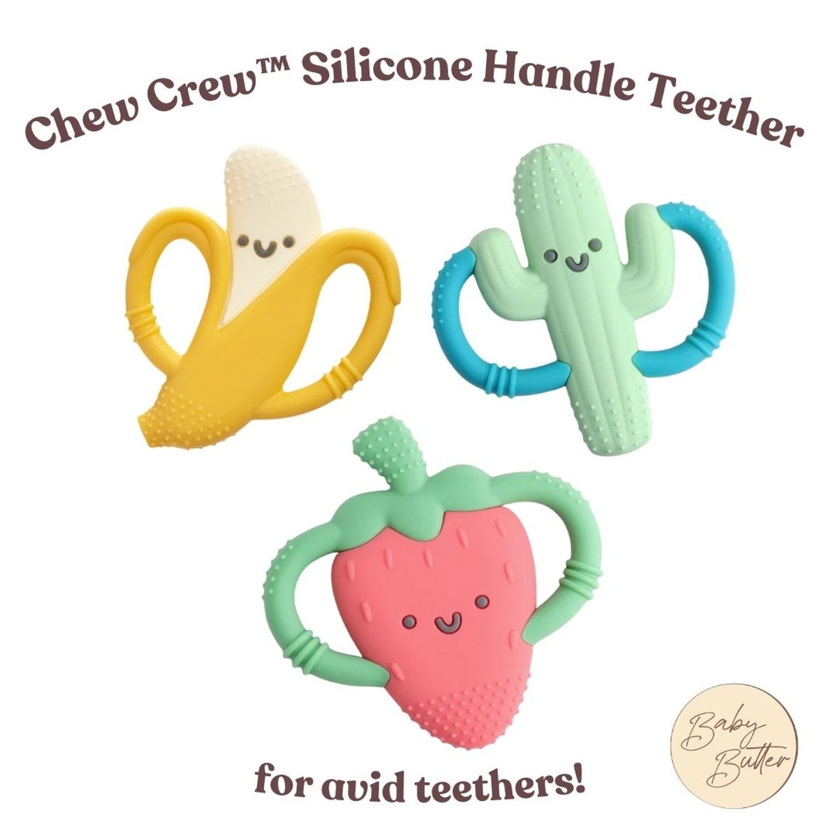 Chew Crew™ Silicone Handle Teether🍓🍌🌵 Banana, Strawberry, Cactus