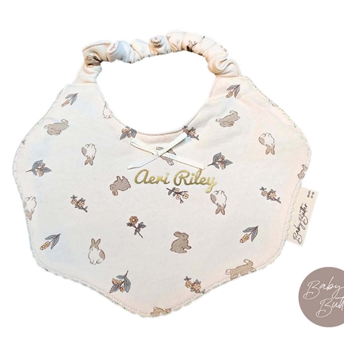 Soft-touch Cotton Bibs + Baby Name (Bunny Fields)